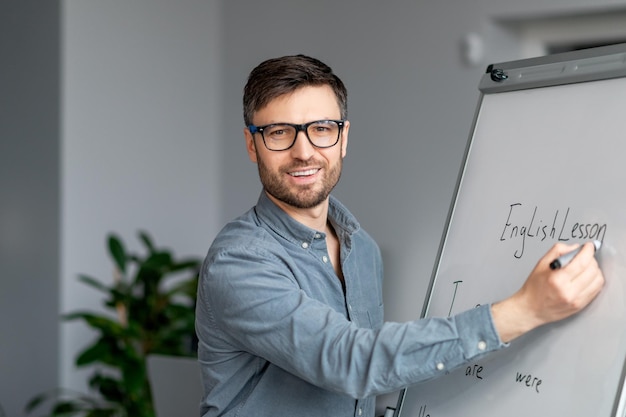Confident mature male teacher giving online class explaining new material  writing english rules on | Premium Photo