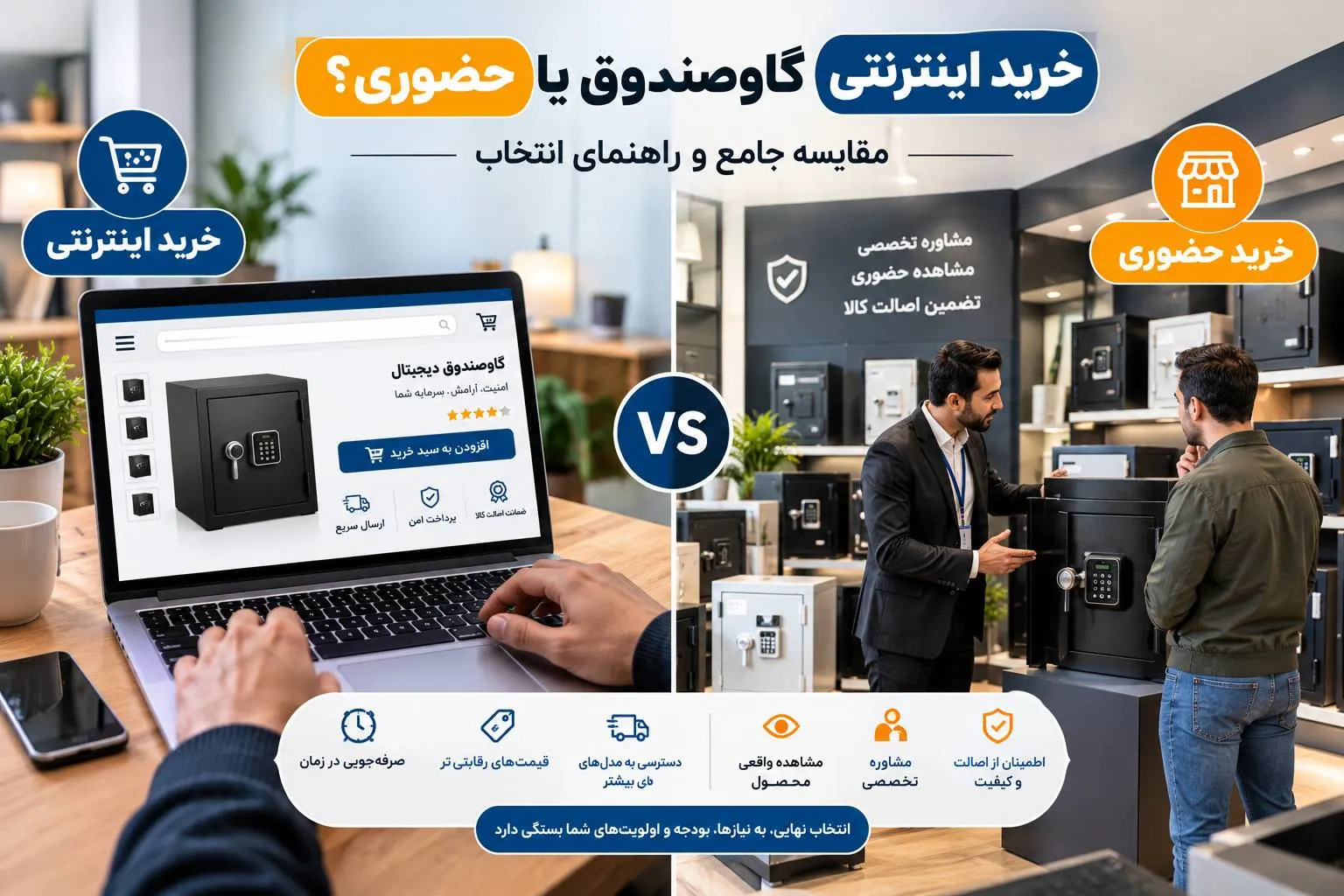 خرید اینترنتی گاوصندوق یا حضوری؟ مقایسه کامل + راهنما